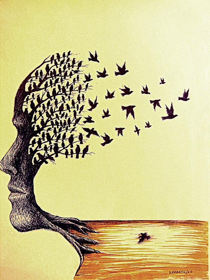 Image combining a tree, face and flock of birds
